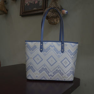 Blue White brocade tote bag in lifestyle scene