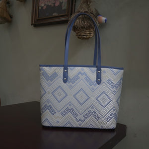 Blue White brocade tote bag in lifestyle scene