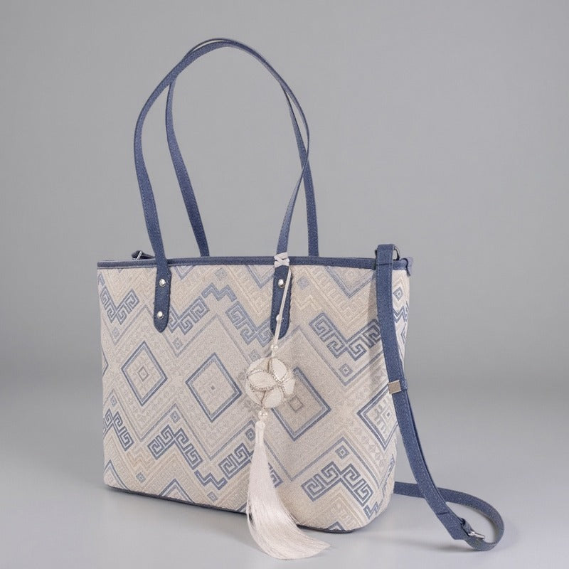 Blue White brocade tote bag view 03