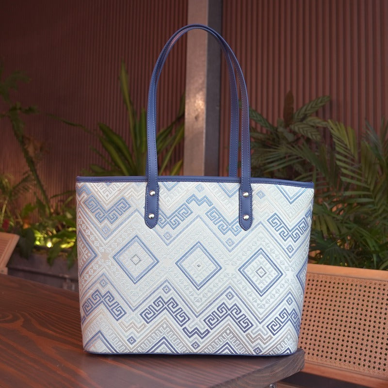 Blue White brocade tote bag view 10