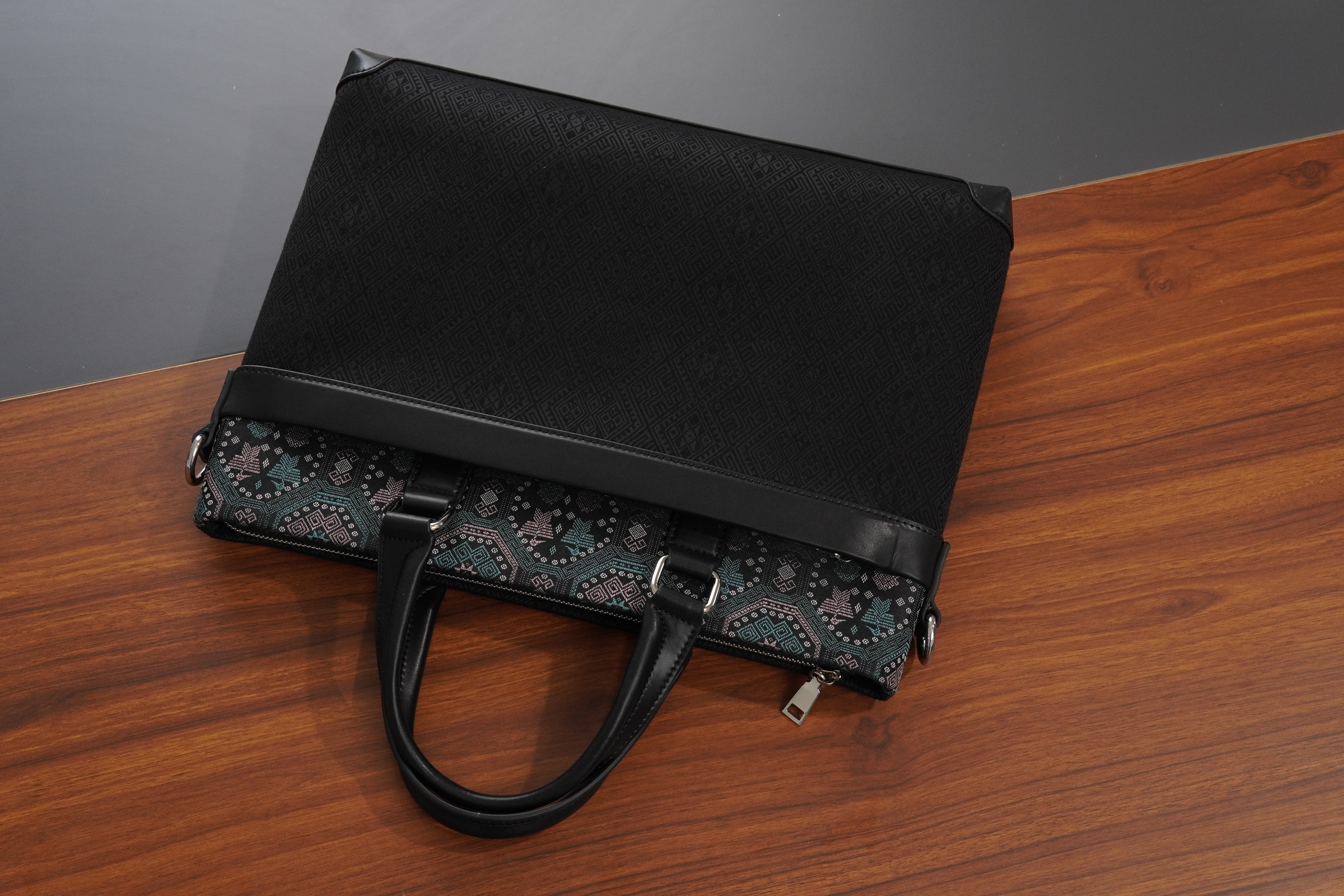 Forest Green brocade briefcase in lifestyle scene