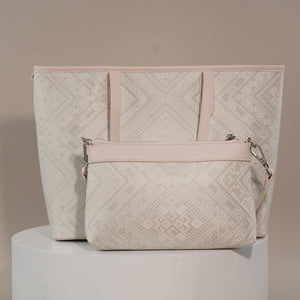 Ivory White brocade bag set in lifestyle scene