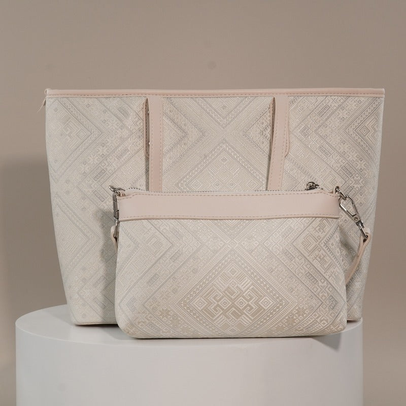 Ivory White brocade bag set in lifestyle scene