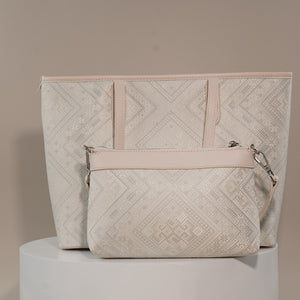 Ivory White brocade bag set in lifestyle scene