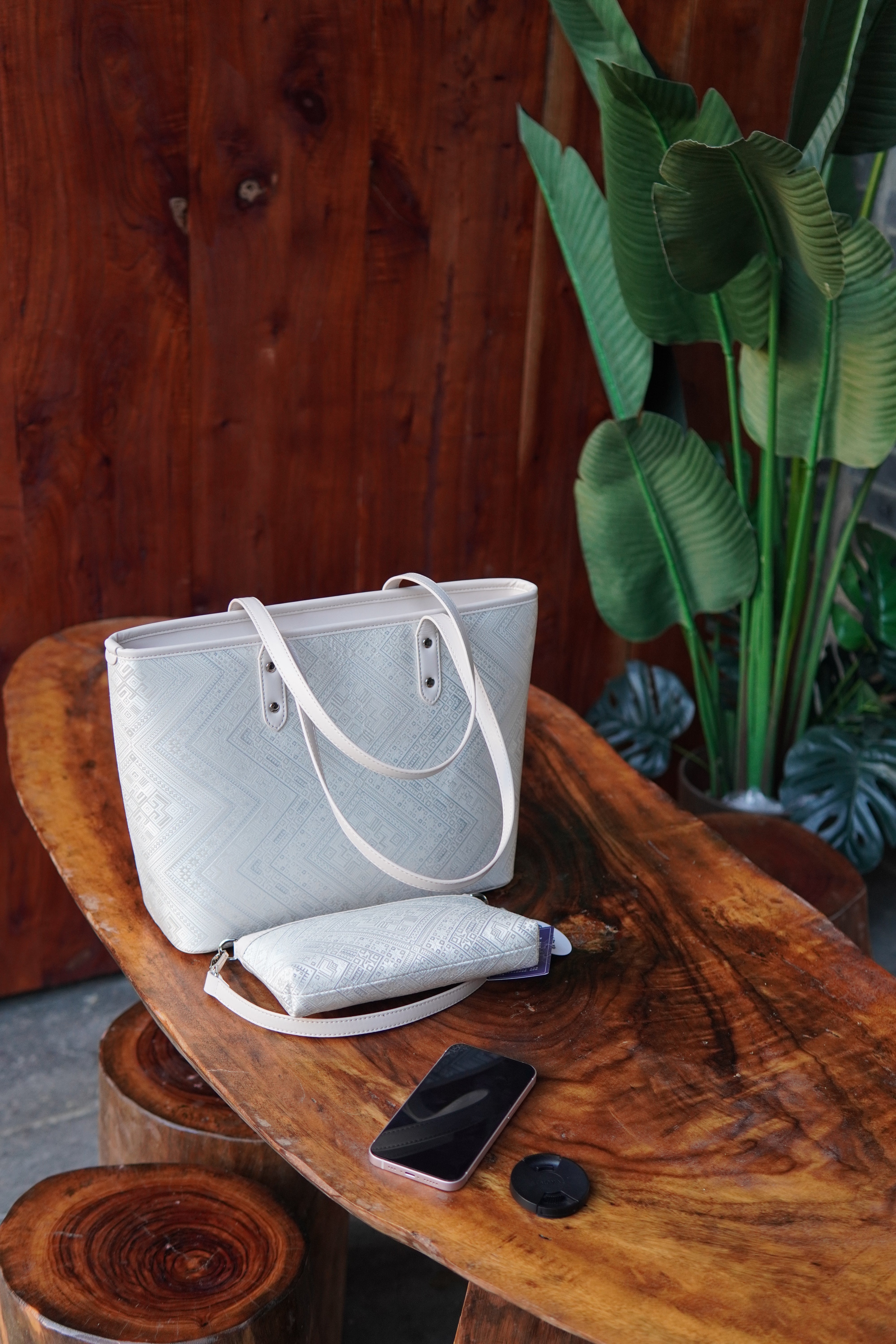 Ivory White brocade tote bag in lifestyle scene