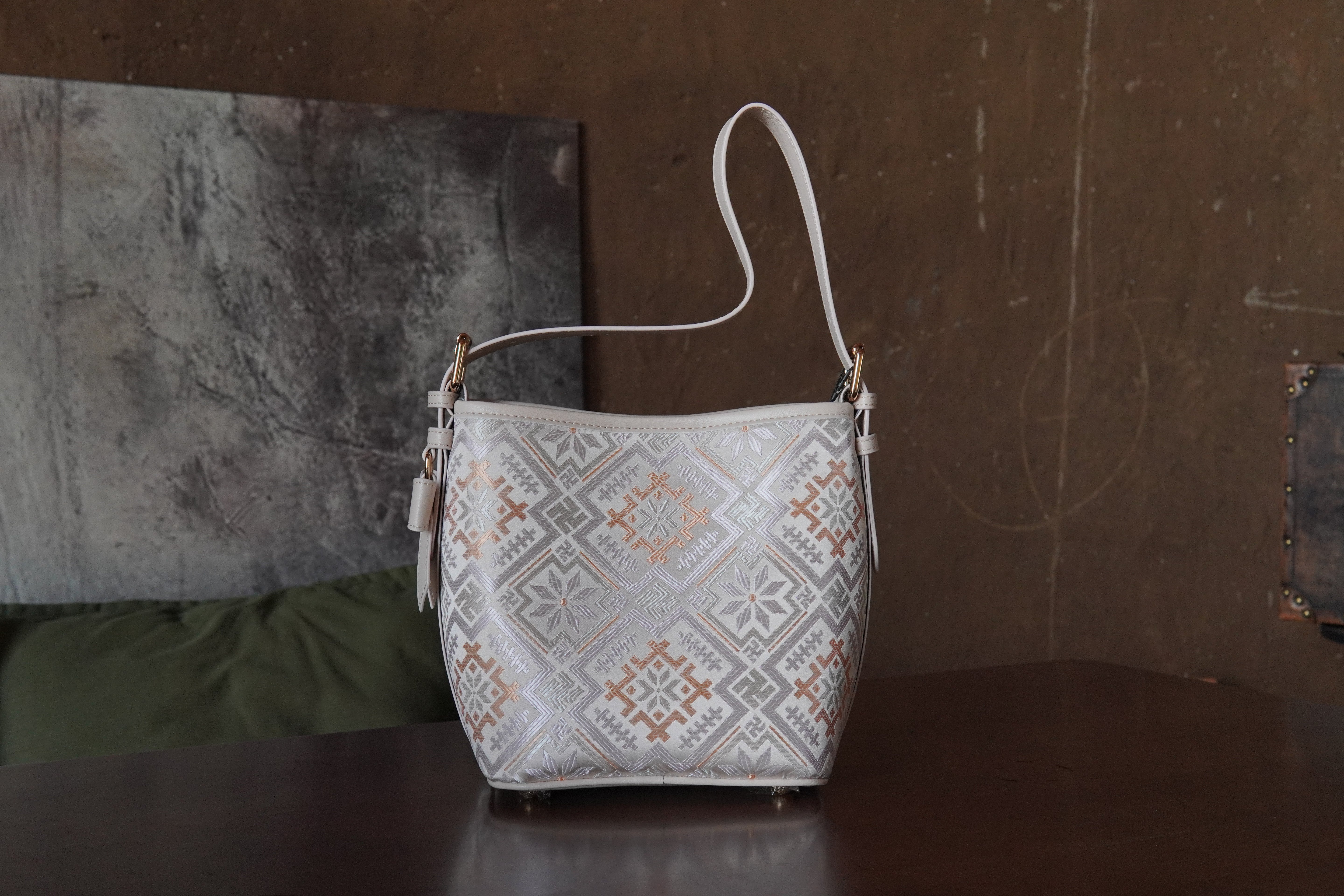 Multicolor brocade bucket bag view 08