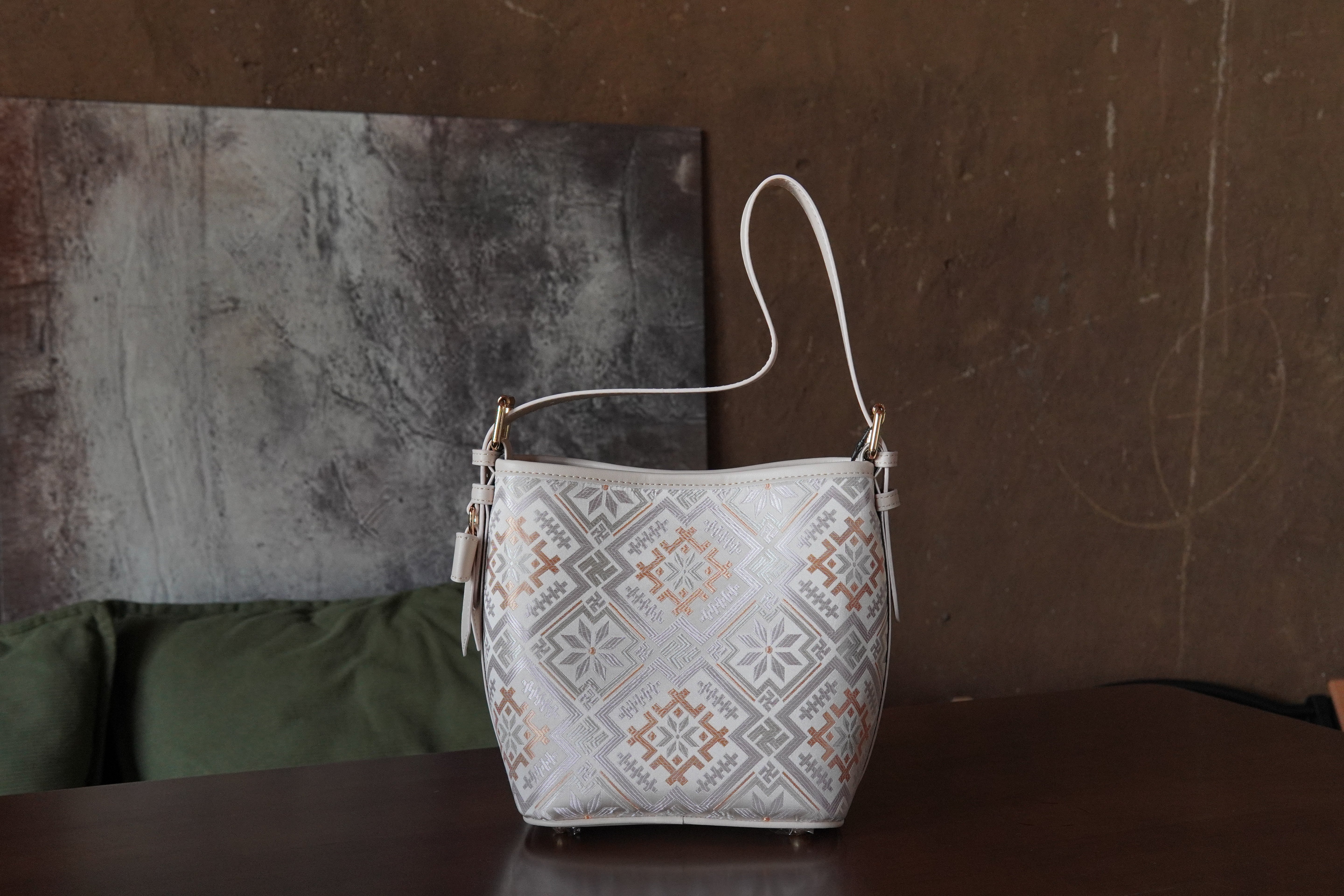 Multicolor brocade bucket bag view 09