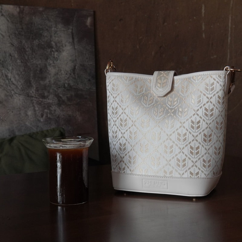 Multicolor brocade shoulder bag in lifestyle scene