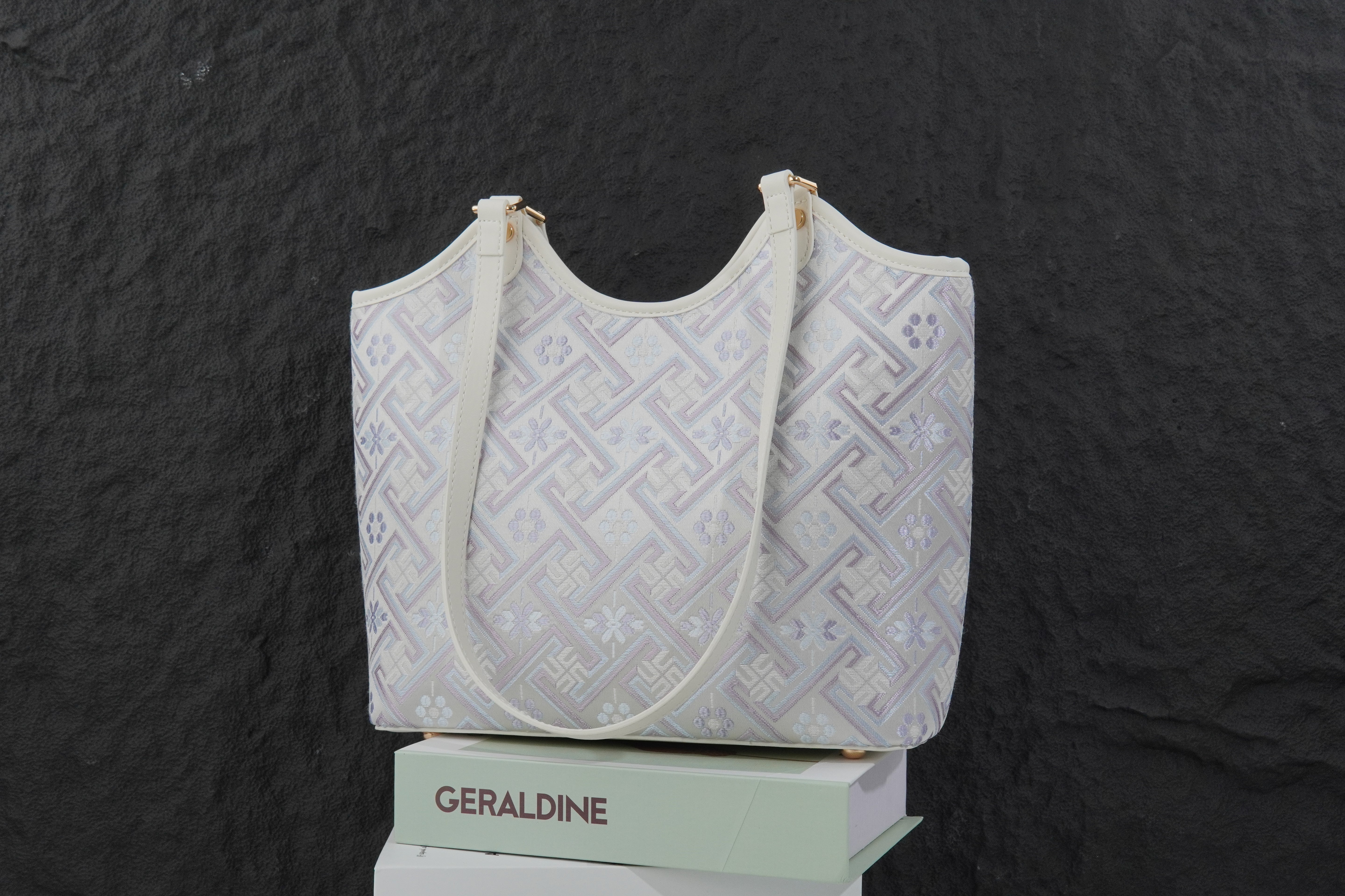 Multicolor brocade tote bag in lifestyle scene
