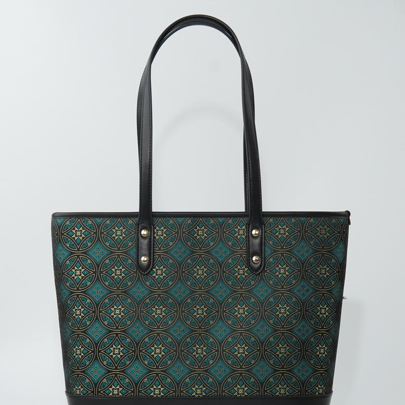 Teal Flying Swallow brocade-inspired tote bag front view