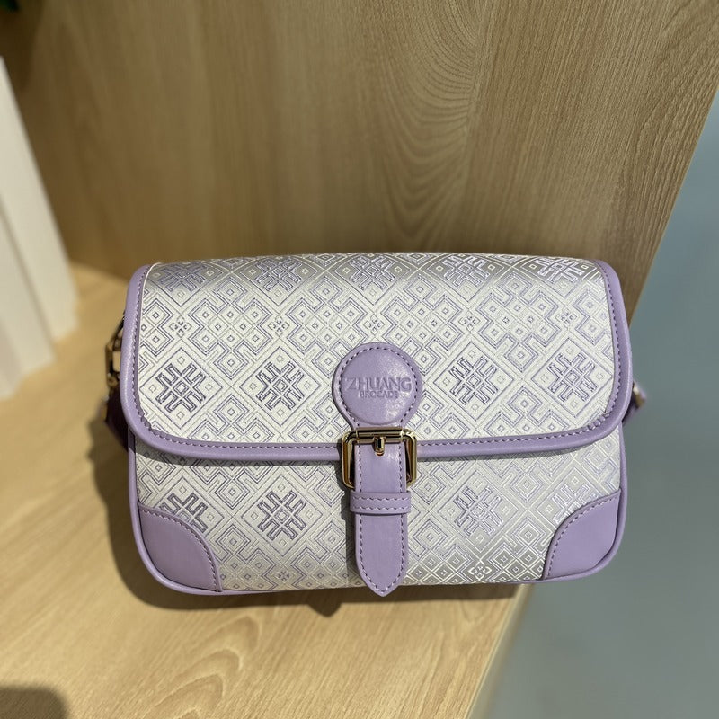 Purple brocade baguette bag detail