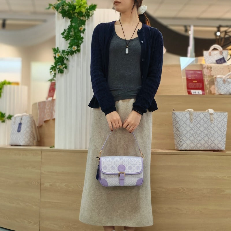 Purple brocade baguette bag detail
