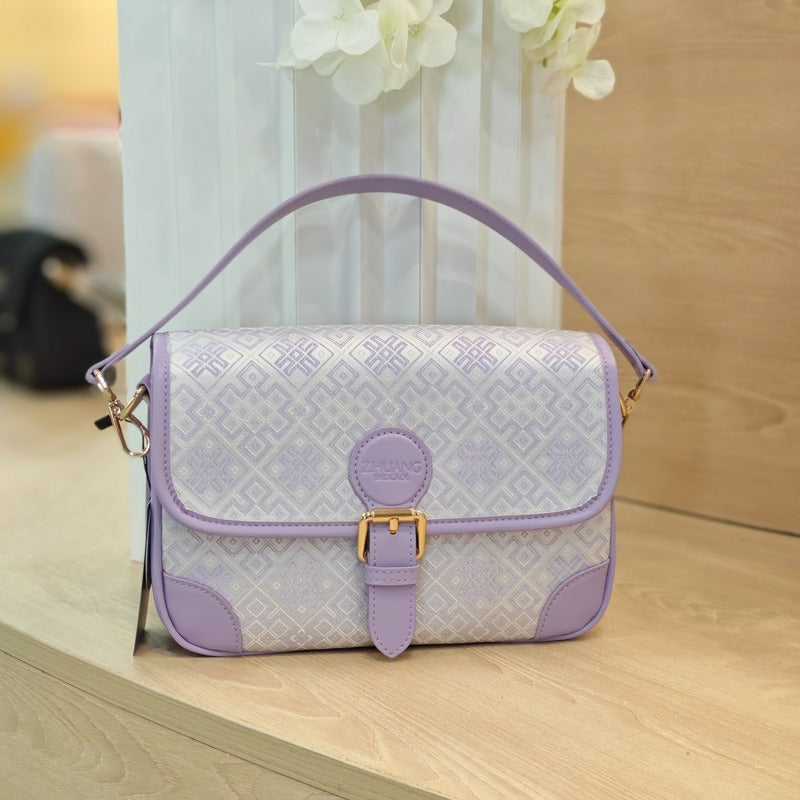 Purple brocade baguette bag detail
