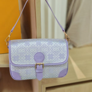 Purple brocade baguette bag detail