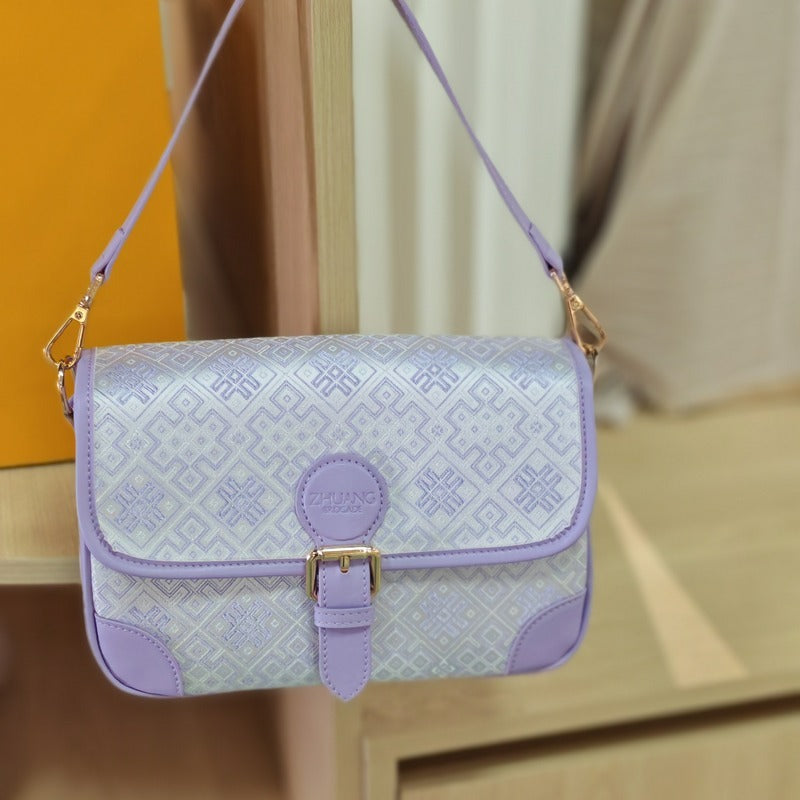 Purple brocade baguette bag detail