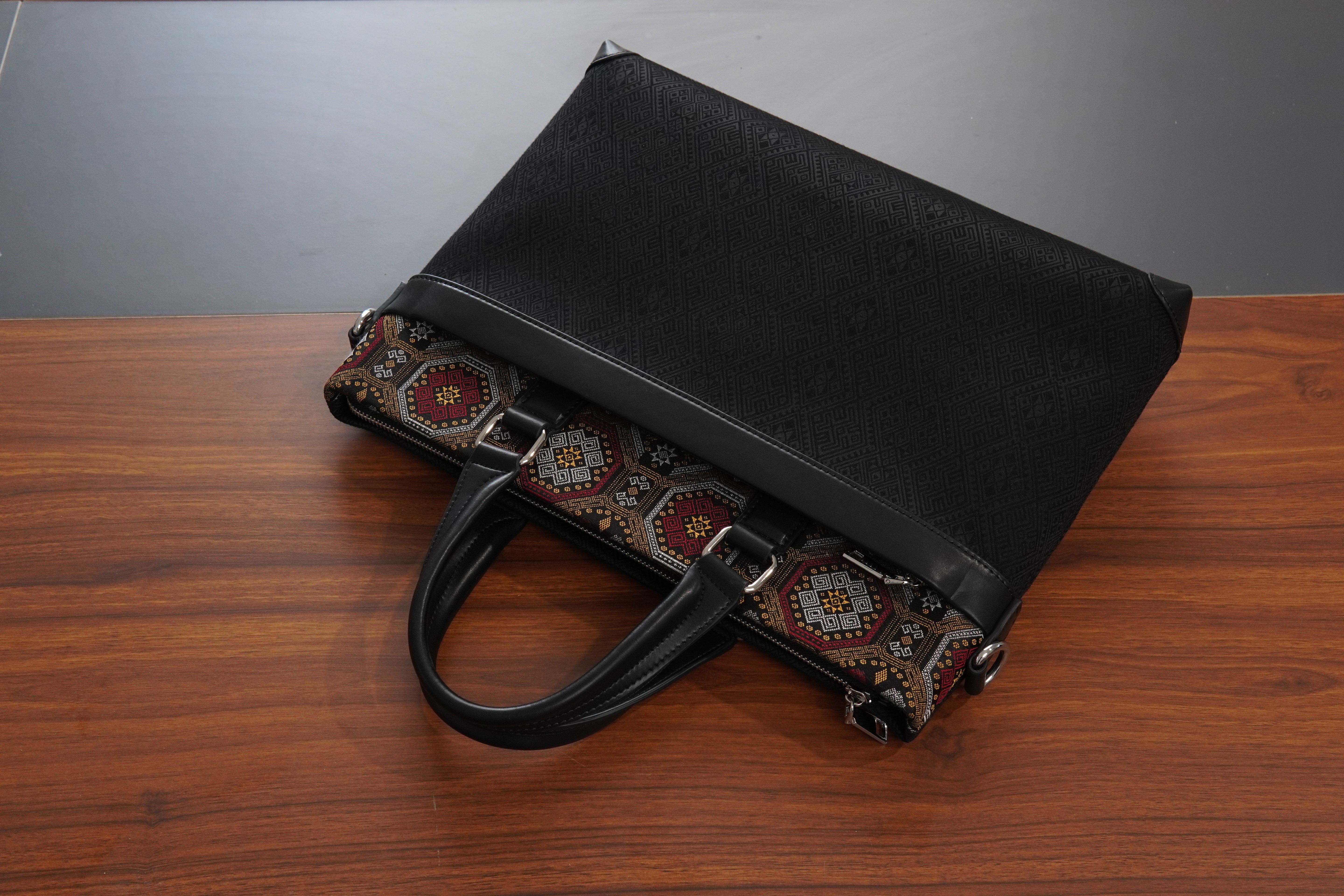 Reddish Brown brocade briefcase in lifestyle scene