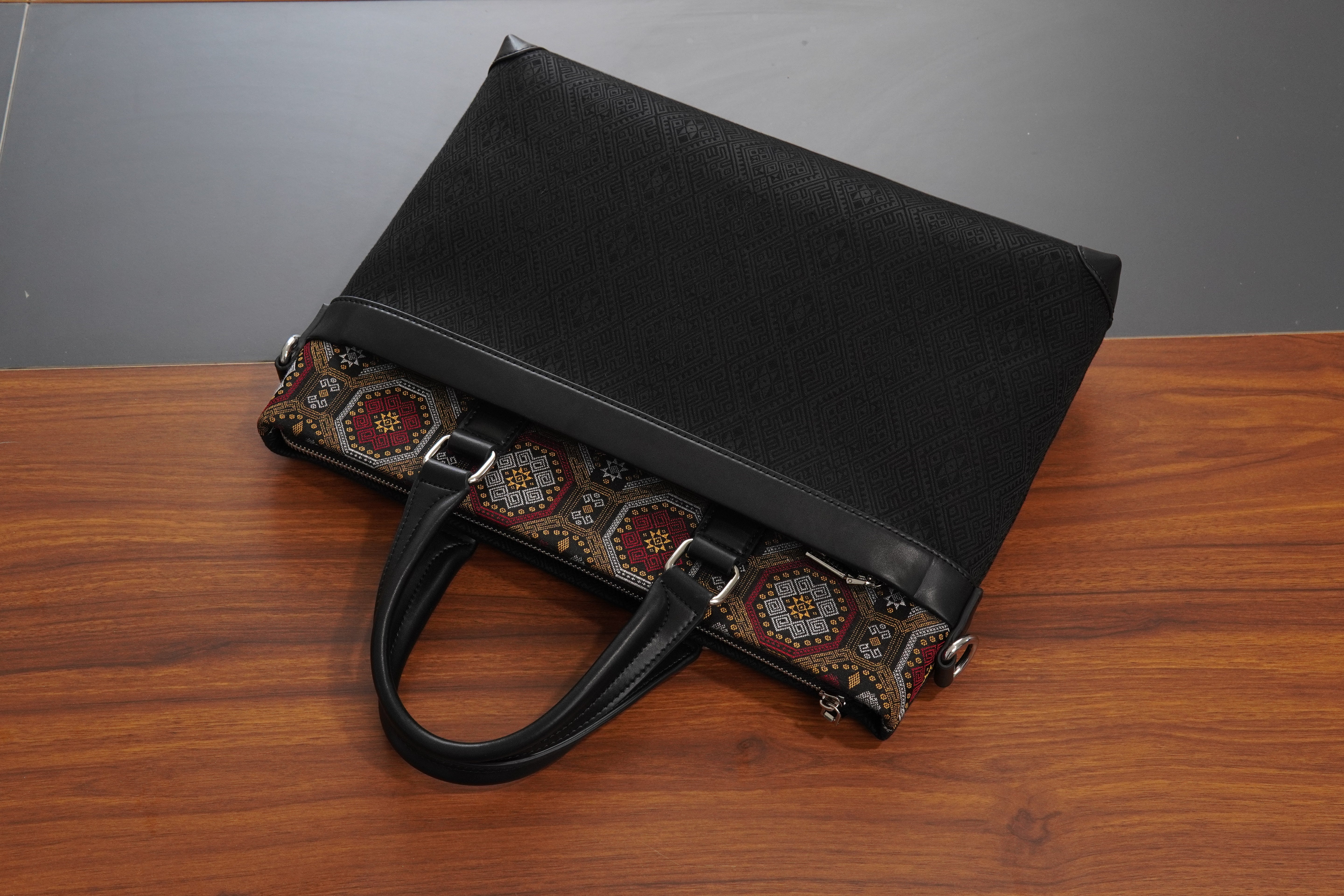 Reddish Brown brocade briefcase in lifestyle scene