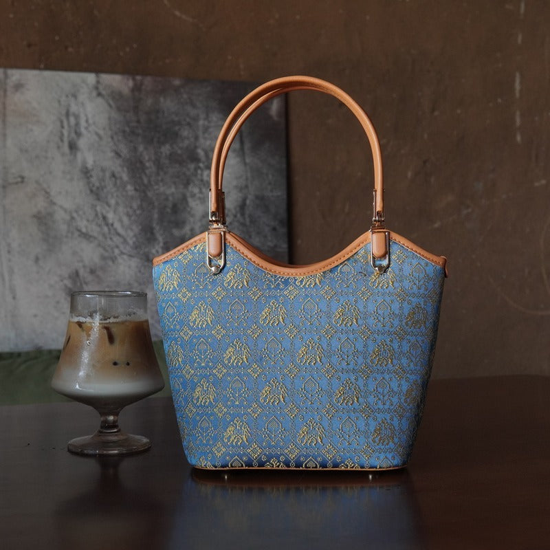 Royal Blue brocade shoulder bag in lifestyle scene