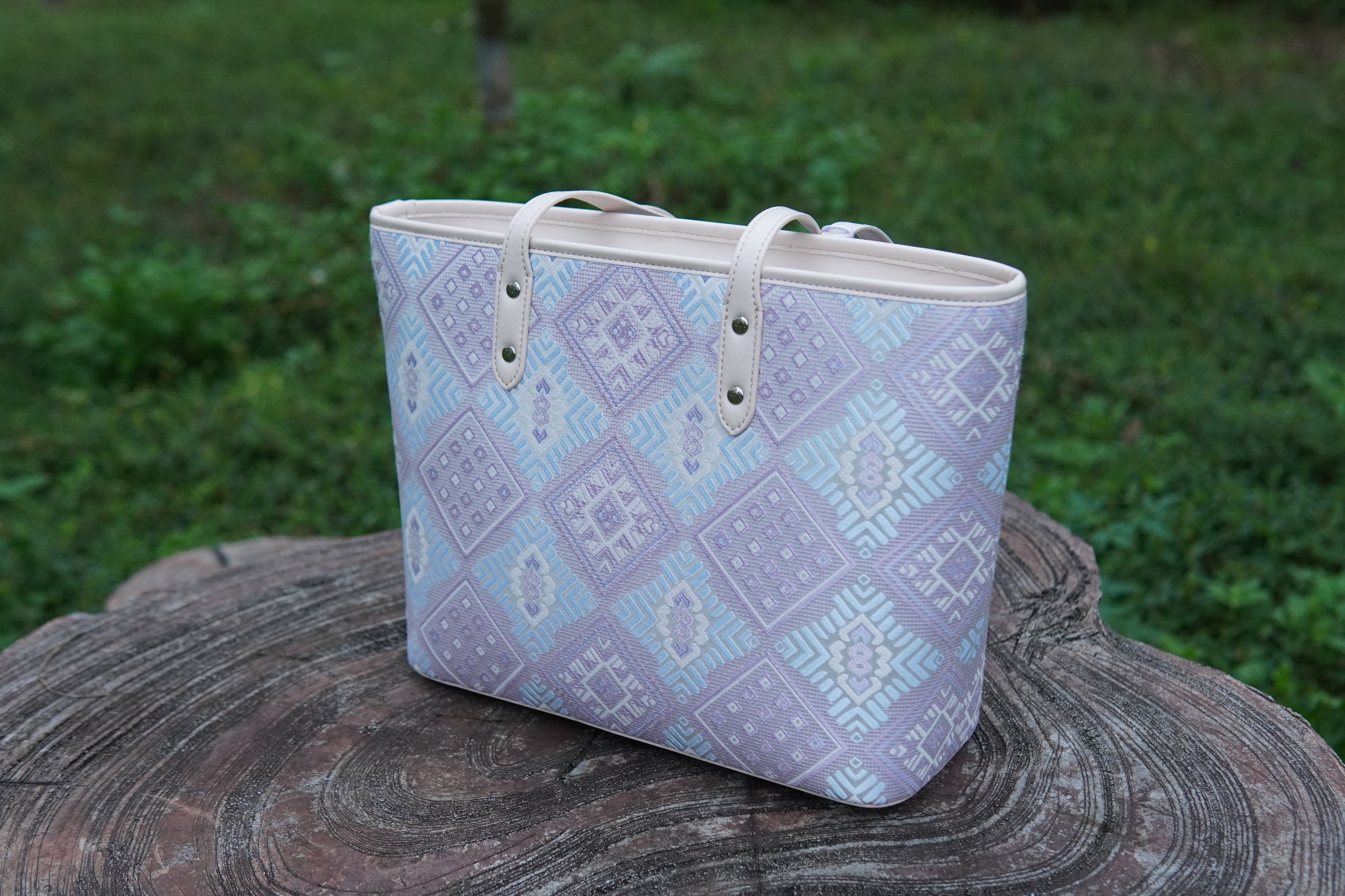 Silver Purple brocade bag set in lifestyle scene