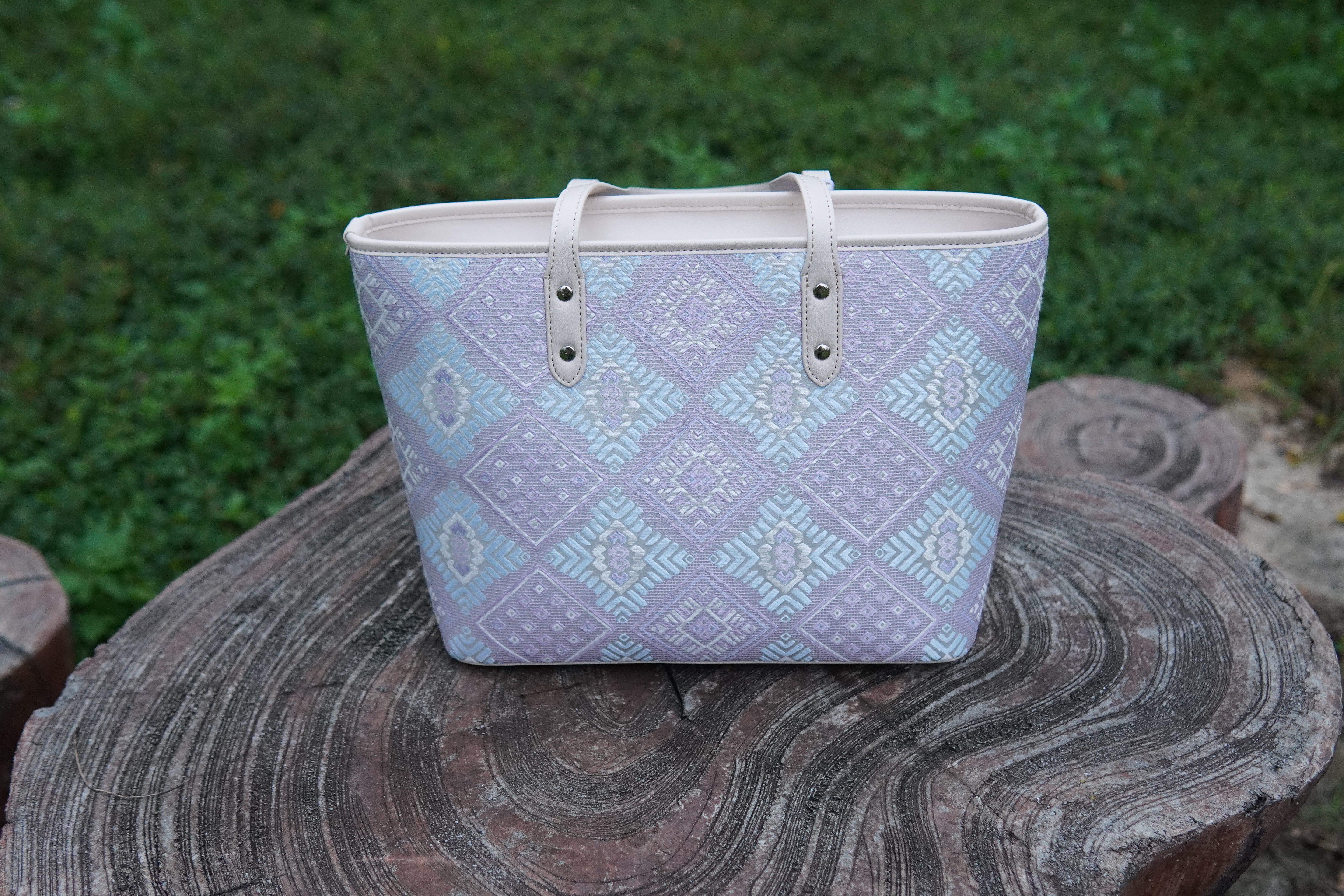 Silver Purple brocade tote bag in lifestyle scene