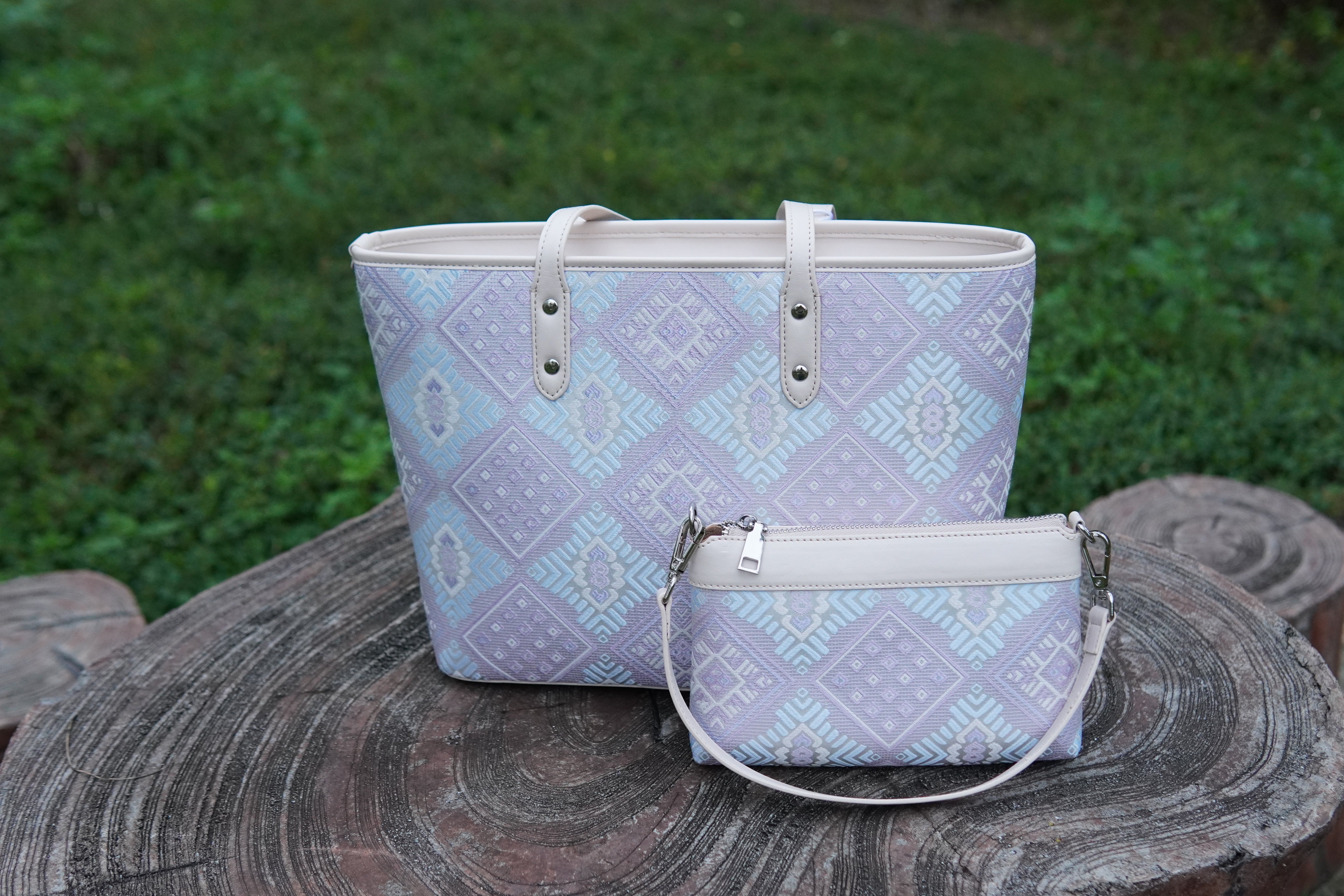 Silver Purple brocade tote bag view 09
