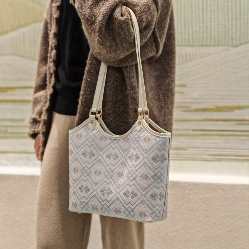Silver White brocade tote bag detail
