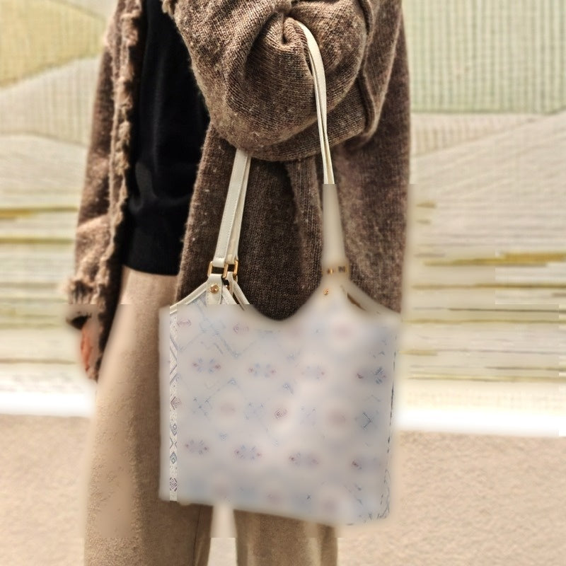 Silver White brocade tote bag view 03